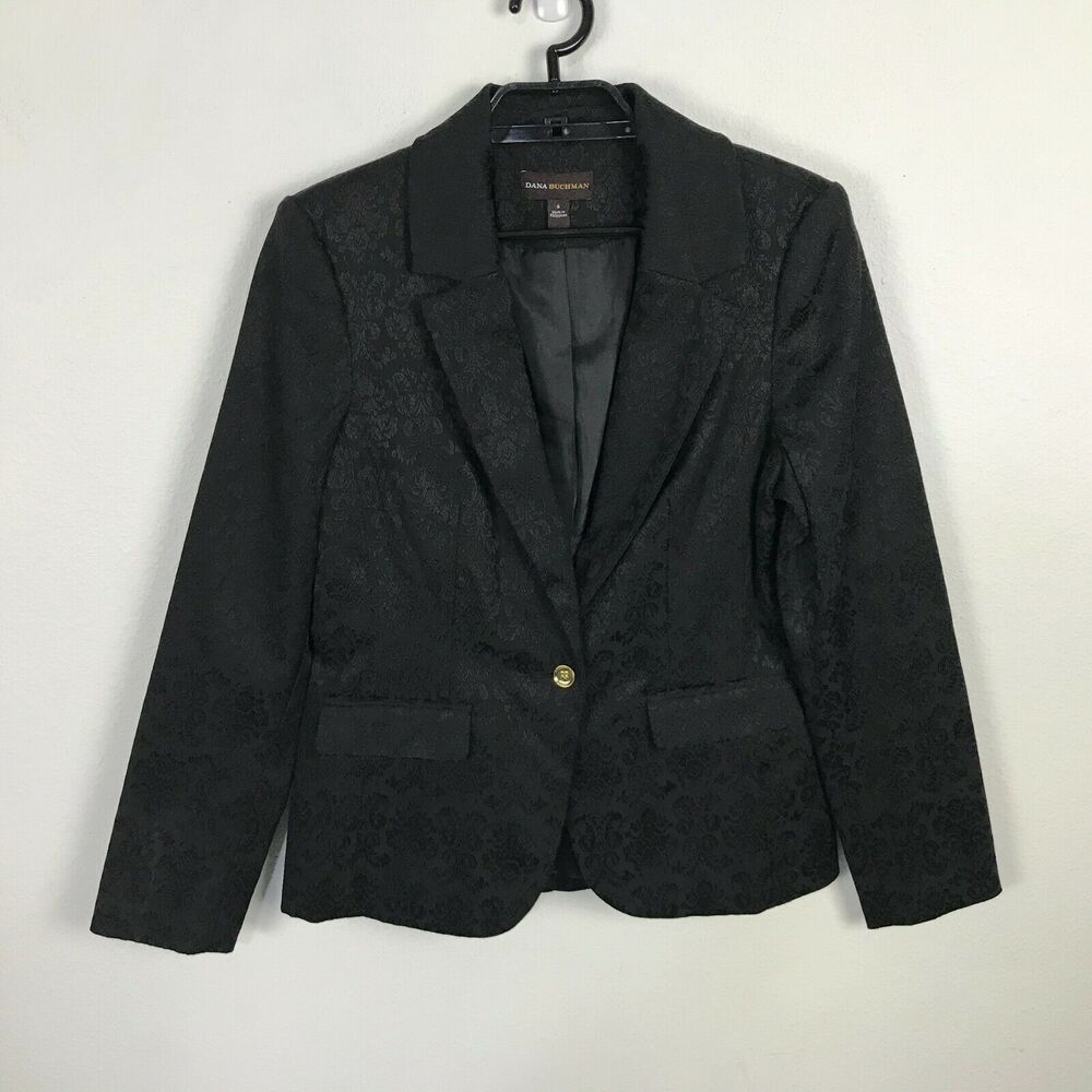 Dana Buchman Black Floral Blazer Size‎ 6 Cotton Blend Womens Long Sleeve